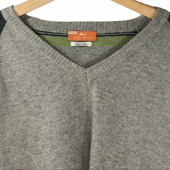 Iceland Colour Block Wool V Neck Sweater Long Sleeve Grey Green Men's Italy - Picture 3 of 9
